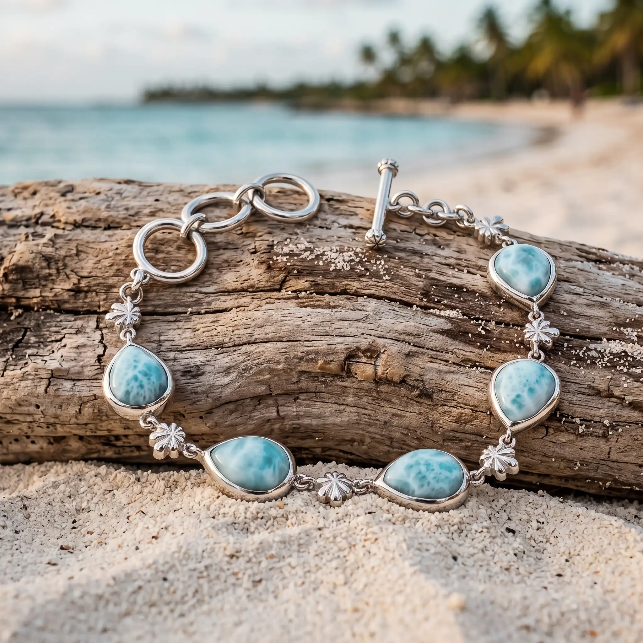 Larimar Sterling Silver ML Logo Adjustable Link Bracelet Marahlago Jewelry pear Gemstone 