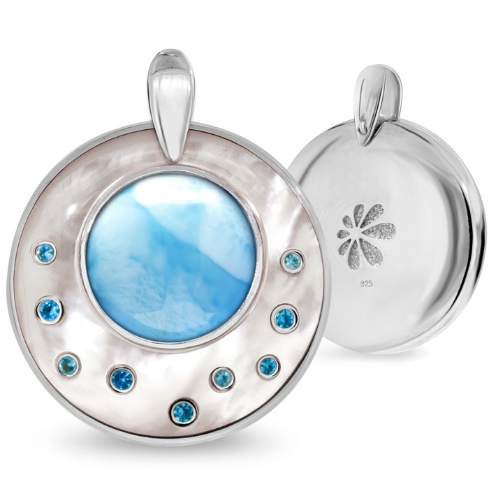 larimar blue spinel and mother of pearls necklace front and back
