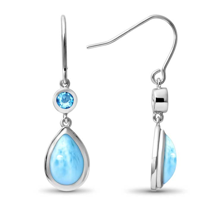 Larimar Earrings Blue topaz Earrings with silver white background