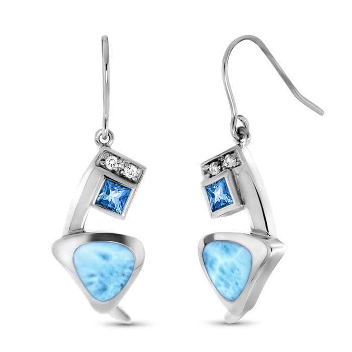 Larimar Sterling Silver Curva Wire Earrings Marahlago Jewelry Blue Topaz White Topaz 