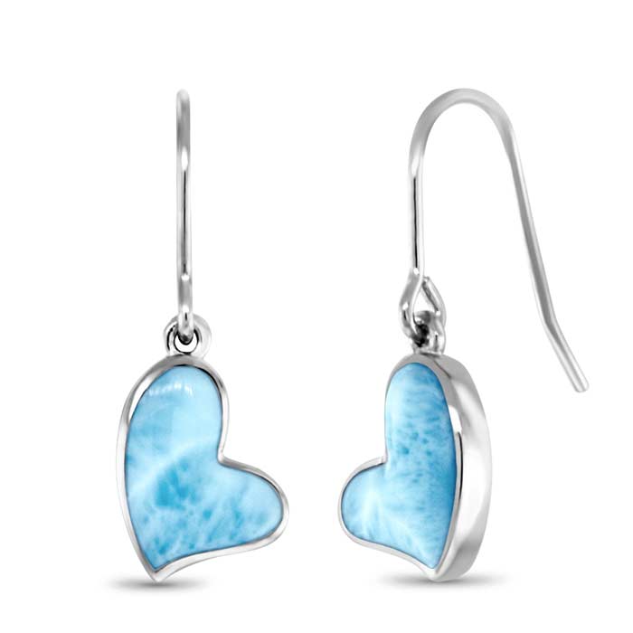 Floating Heart Earrings in sterling silver with natural larimar gemstones by Marahlago Jewelry