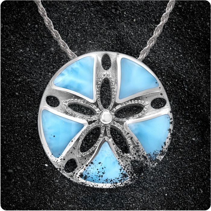 Sand Dollar Pendant in sterling silver with natural larimar gemstones by Marahlago Jewelry