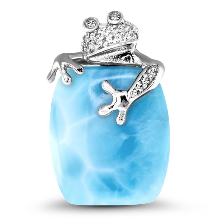 Embrace the charm of Marahlago Jewelry's Larimar Sterling Silver Tree Frog Pendant Necklace. Adorned with a captivating larimar gemstone and white sapphire accents, this silver blue jewelry piece embodies elegance and allure for women.