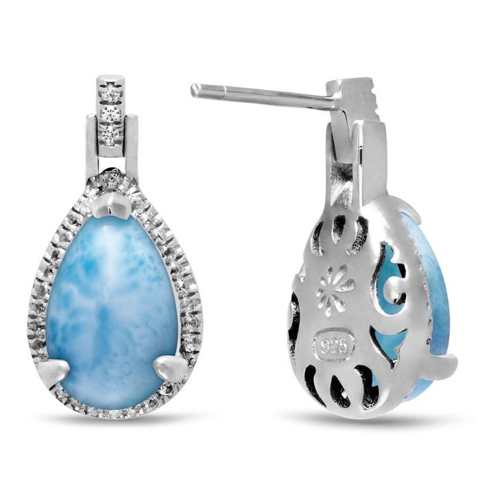 Larimar Sterling Silver Radiance Pear Post Earrings Marahlago Jewelry pear Gemstone White Sapphire 