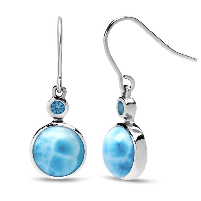 Larimar Sterling Silver Splash Wire Earrings Marahlago Jewelry round Gemstone Blue Spinel
