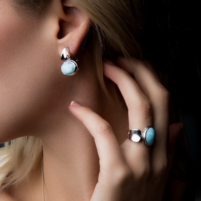 Larimar Sterling Silver Caressa Omega Earrings Marahlago Jewelry oval Gemstone 