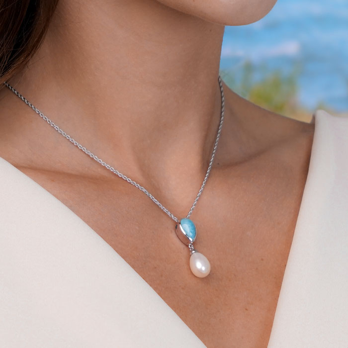 Pearl Necklace with larimar