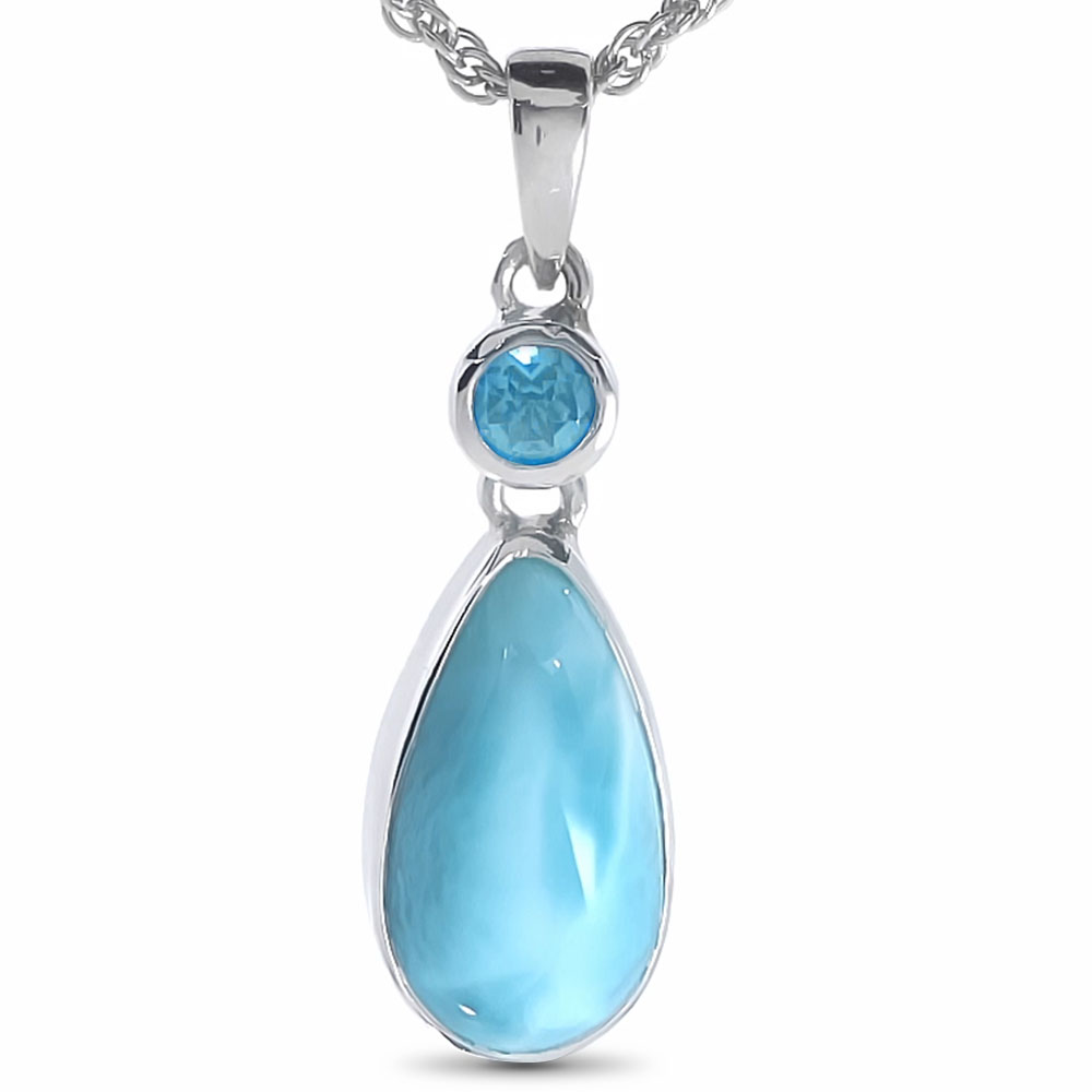 Larimar Sterling Silver Atlantic Pendant Necklace Marahlago Jewelry Teardrop Gemstone Blue Topaz Holiday Gift for Her