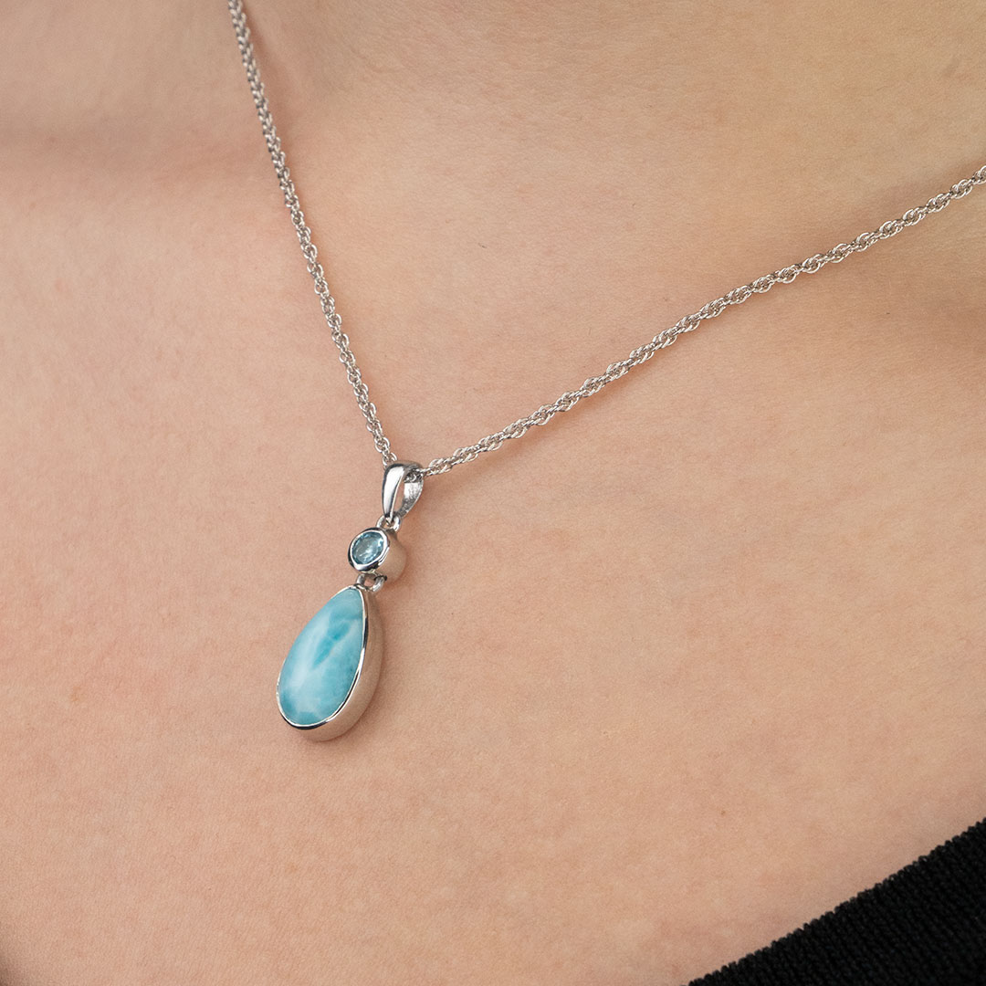 Larimar Sterling Silver Atlantic Pendant Necklace Marahlago Jewelry Teardrop Gemstone Blue Topaz Holiday Gift for Her