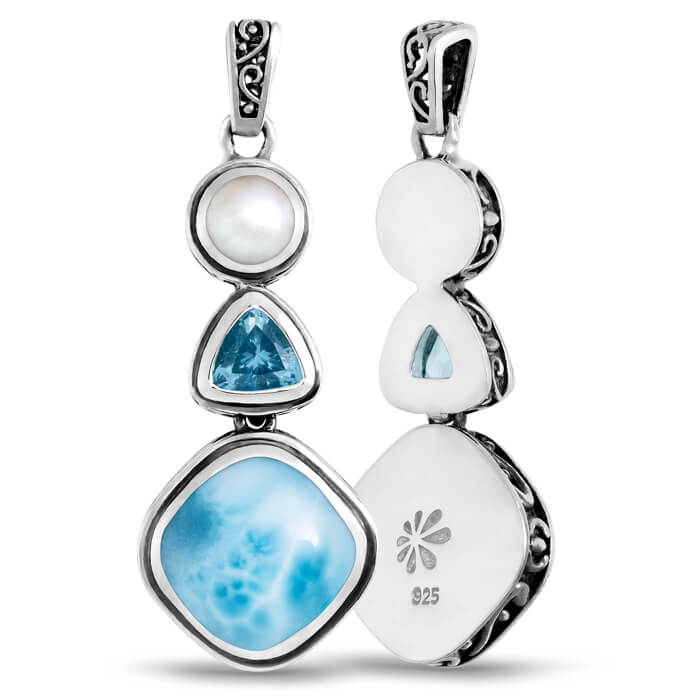 Larimar Sterling Silver Azure Cushion Pendant Necklace Marahlago Jewelry square Gemstone Blue Topaz Freshwater Pearl 