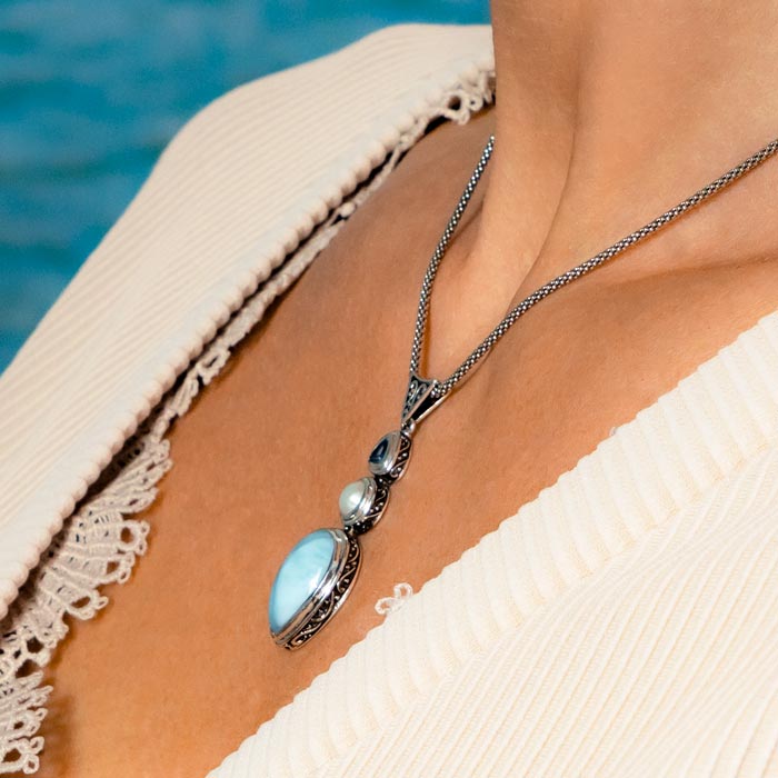Larimar Sterling Silver Azure Pear Pendant Necklace Marahlago Jewelry pear Gemstone Blue Topaz Freshwater Pearl 