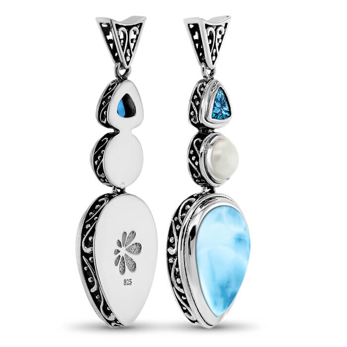 Larimar Sterling Silver Azure Pear Pendant Necklace Marahlago Jewelry pear Gemstone Blue Topaz Freshwater Pearl 