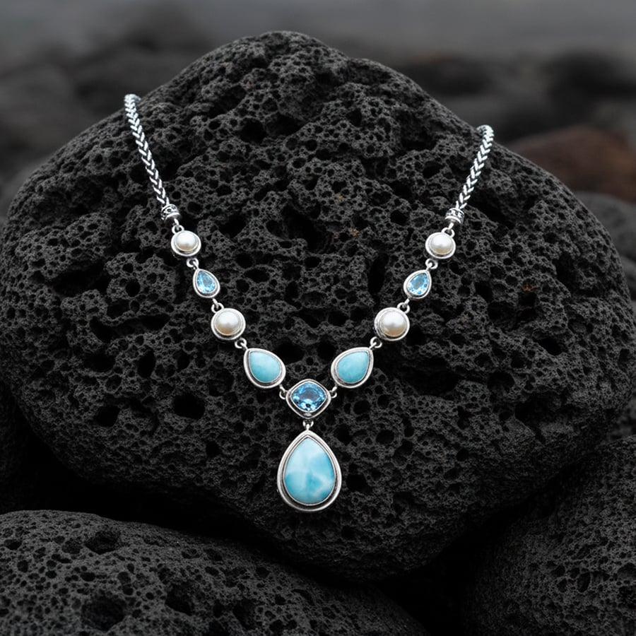 larimar necklace on lava rocks