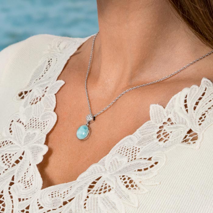 Larimar Sterling Silver Bliss Round Pendant Necklace Marahlago Jewelry round Gemstone White Sapphire