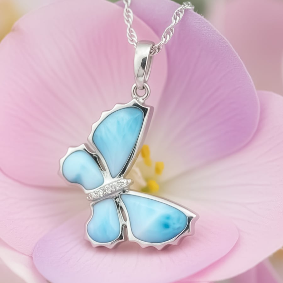 Silver Butterfly Necklace with larimar stones
