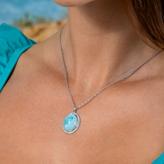 Larimar Sterling Silver Clarity Oval Pendant Necklace Marahlago Jewelry oval Gemstone White Sapphire 