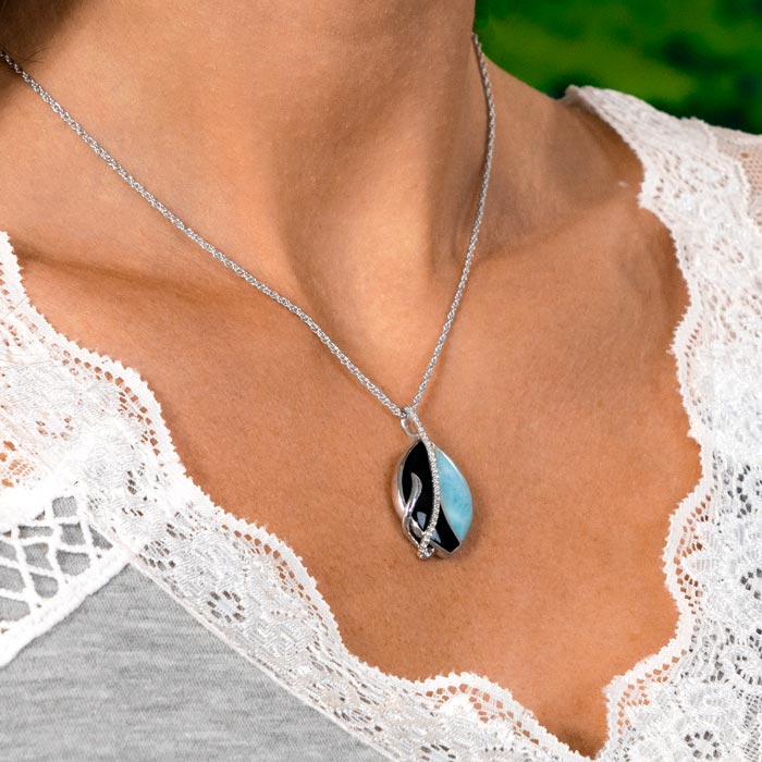 Black Onyx Necklace in Sterling silver with larimar  