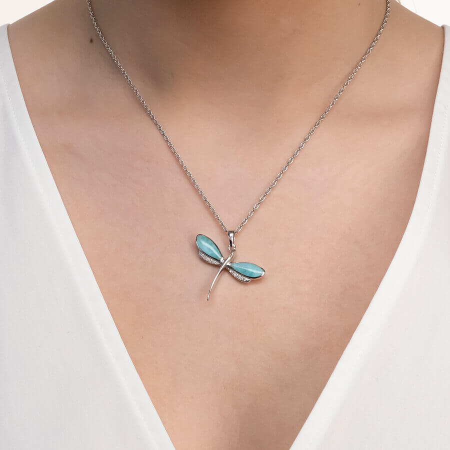dragonfly necklace larimar jewelry lifestytle front