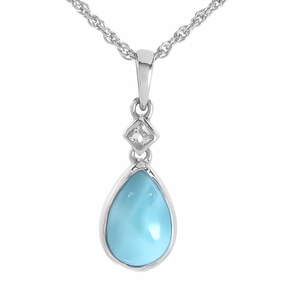 Larimar Necklace Sterling Silver Luminara  Pendant Marahlago Jewelry Teardrop Gemstone White Sapphire 