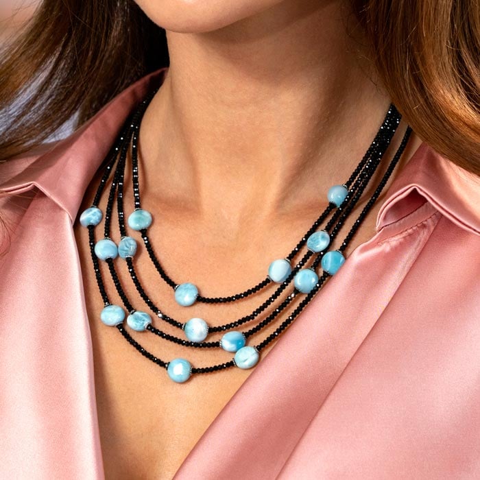 Multi Strand Necklace in sterling silver, larimar and black spinel