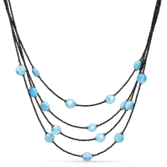 Multi Strand Necklace in sterling silver, larimar and black spinel