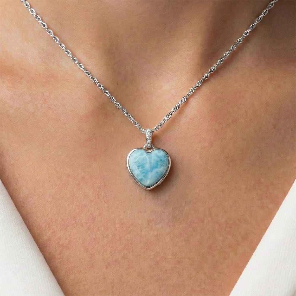 Heart shaped Necklace in sterling Silver with larimar and white sapphires by Marahlago 