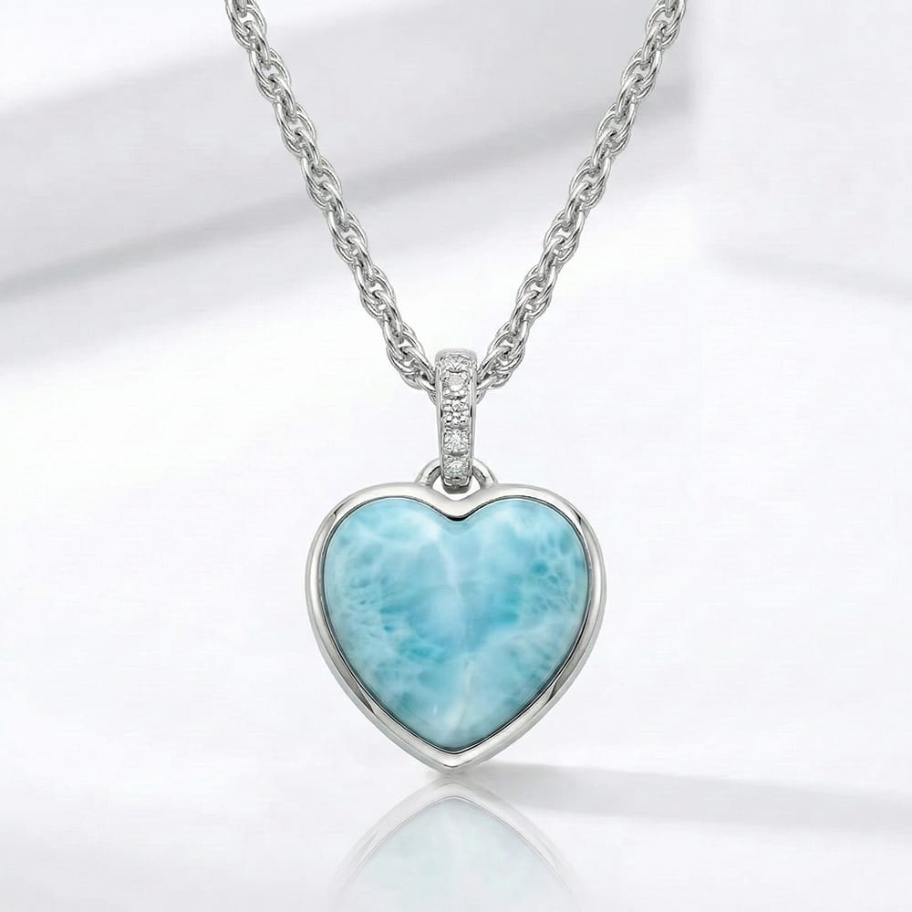 Heart shaped Necklace in sterling Silver with larimar and white sapphires by Marahlago 