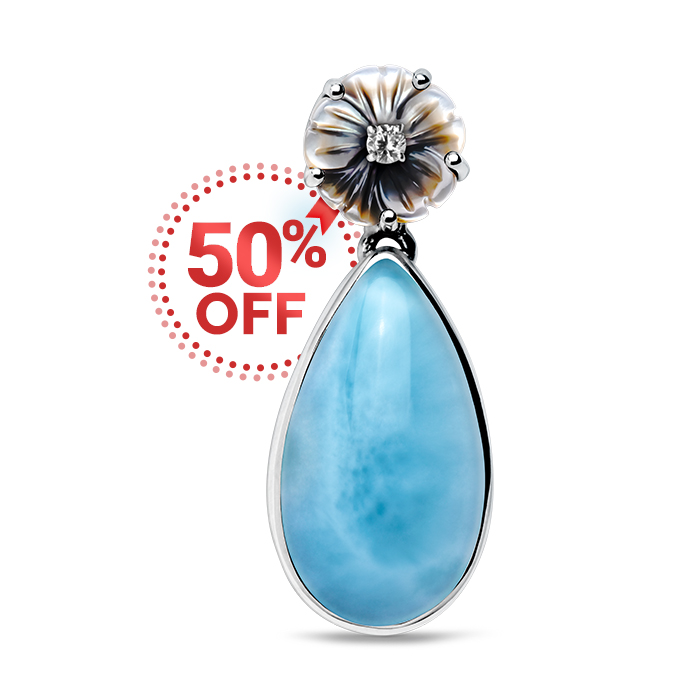 Larimar Sterling Silver Hibiscus Pendant Necklace Marahlago Jewelry pear Gemstone Black Mother of Pearl White Sapphire 