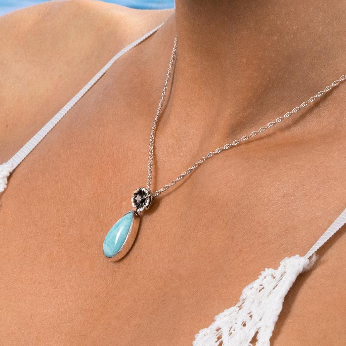 Larimar Sterling Silver Hibiscus Pendant Necklace Marahlago Jewelry pear Gemstone Black Mother of Pearl White Sapphire 
