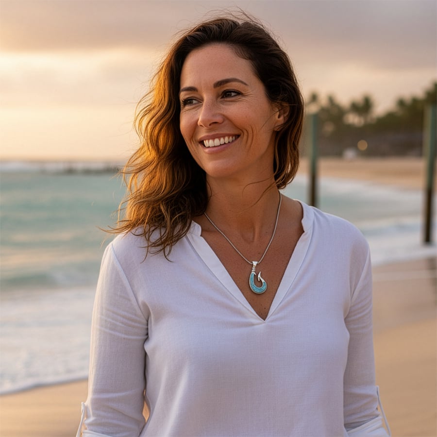 Fish Hook Necklace in sterling silver and larimar 