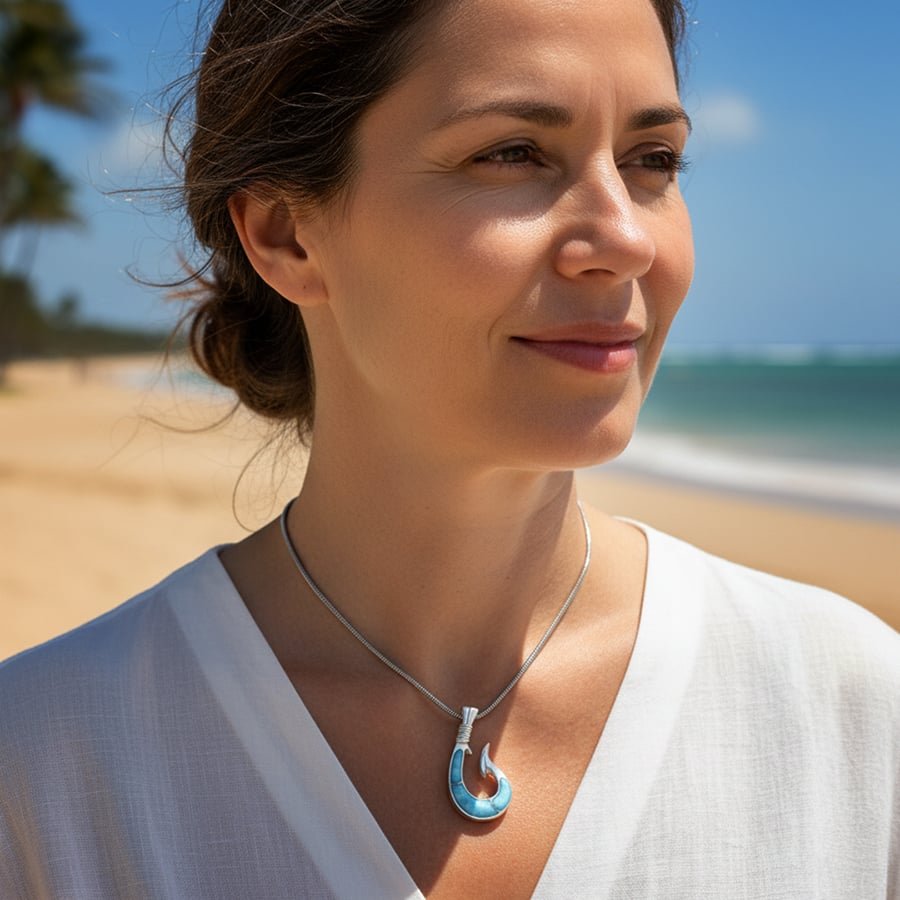 Fish Hook Necklace in sterling silver and larimar 