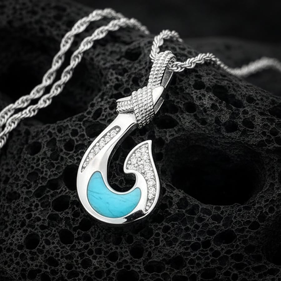 Fish Hook Pendant With White Sapphire in Sterling Silver