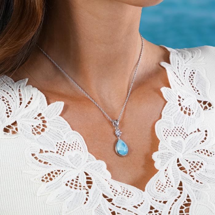 Larimar Sterling Silver ML Logo Pendant Necklace Marahlago Jewelry pear Gemstone 