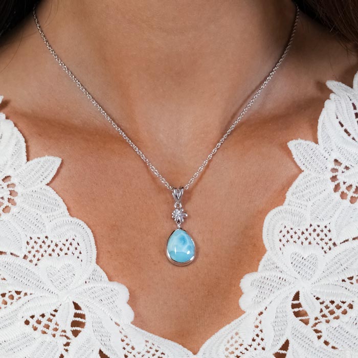 Larimar Sterling Silver ML Logo Pendant Necklace Marahlago Jewelry pear Gemstone 