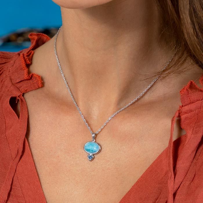 Larimar Sterling Silver Naples Pendant Necklace Marahlago Jewelry oval Gemstone Blue Spinel 