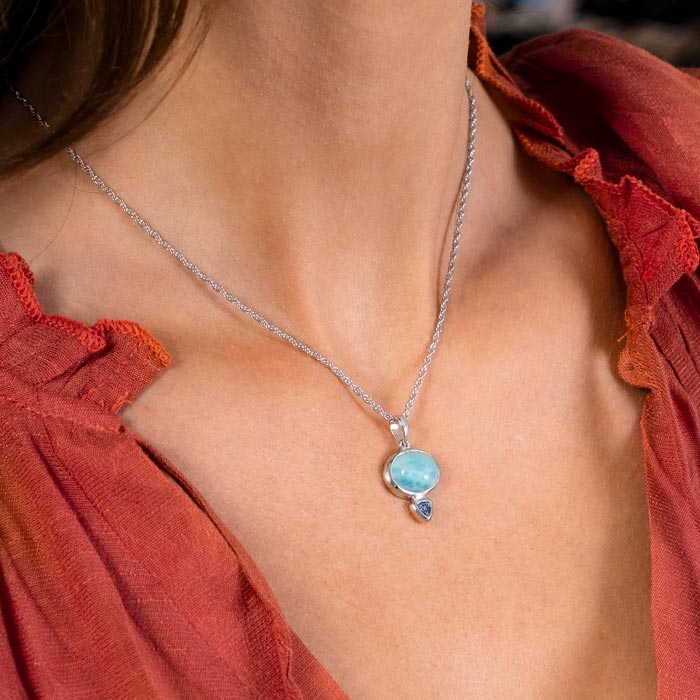 Larimar Sterling Silver Naples Pendant Necklace Marahlago Jewelry oval Gemstone Blue Spinel 