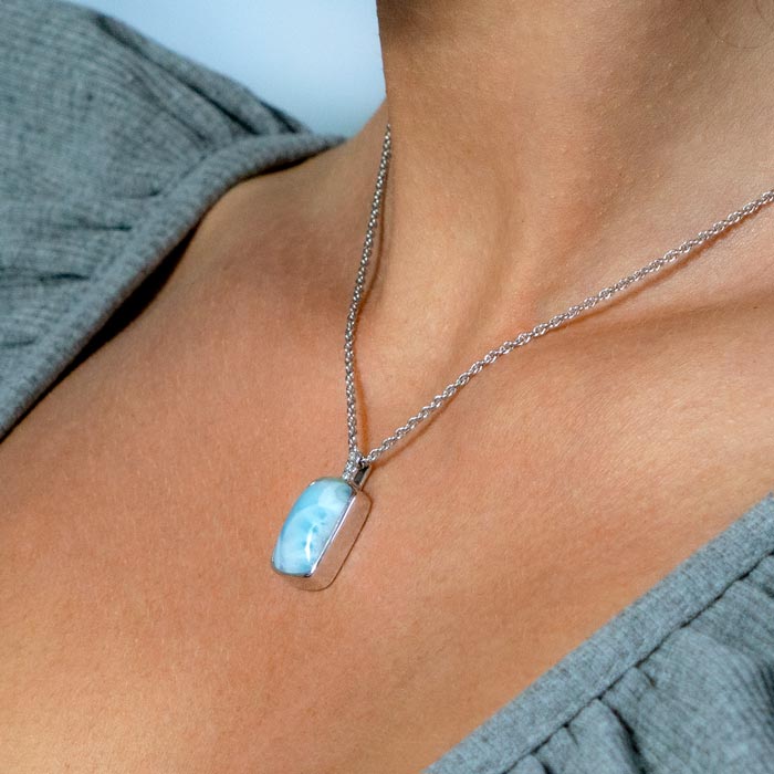 Model Wearing Larimar and Sapphire Necklace