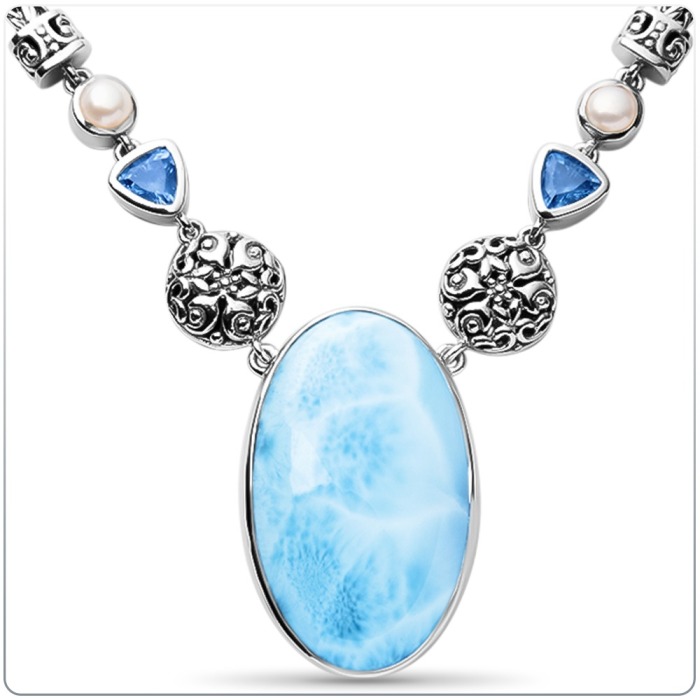 Larimar Sterling Silver Oceana Large Pendant Necklace Marahlago Jewelry oval Gemstone Blue Topaz Freshwater Pearl 