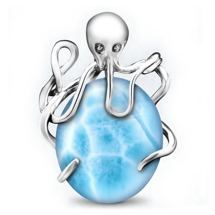 Shop Marahlago's exquisite Larimar Sterling Silver Octopus Pendant Necklace. Featuring a stunning oval gemstone in silver blue, this elegant jewelry piece is perfect for women seeking timeless beauty.