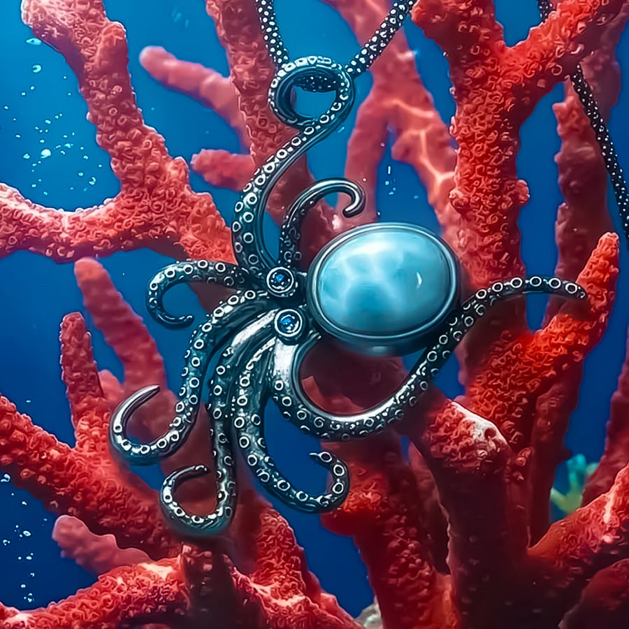 Octopus Pendant in Sterling silver on red coral