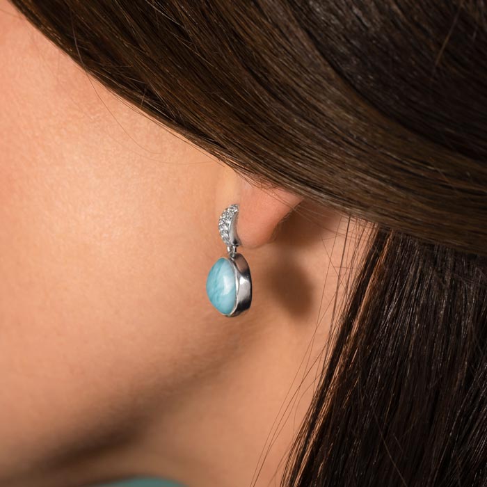 Larimar Sterling Silver Nomi Post Earrings Marahlago Jewelry round Gemstone White Sapphire