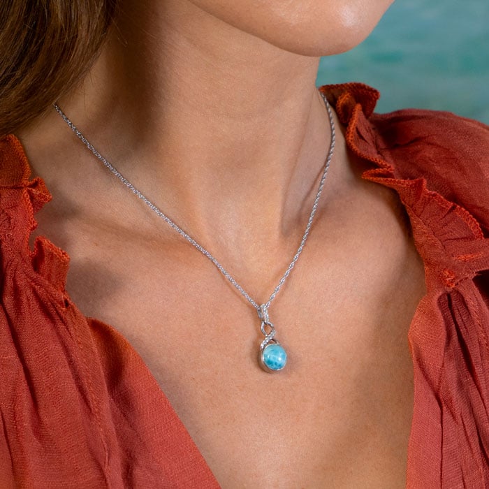 Larimar Sterling Silver Organa Pendant Necklace Marahlago Jewelry round Gemstone White Sapphire