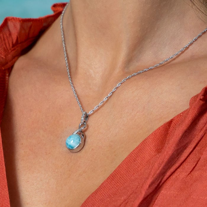 Larimar Sterling Silver Organa Pendant Necklace Marahlago Jewelry round Gemstone White Sapphire