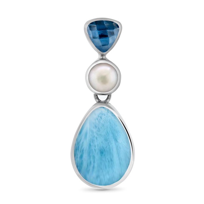 Larimar Sterling Silver Padme Necklace Marahlago Jewelry Pear Gemstone Fresh Water Pearl Blue Spinel