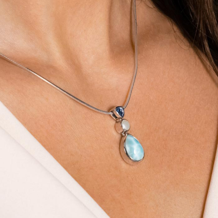 Larimar Sterling Silver Padme Necklace Marahlago Jewelry Pear Gemstone Fresh Water Pearl Blue Spinel