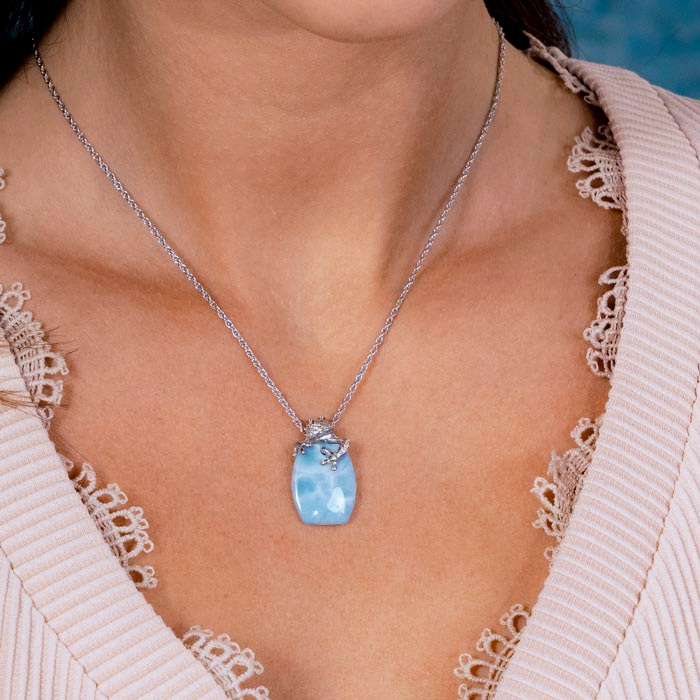 Larimar and Sterling Silver Frog Pendant Necklace. Tree Frog Jewelry from marahlago. Larimar Gemstone with White Sapphire.