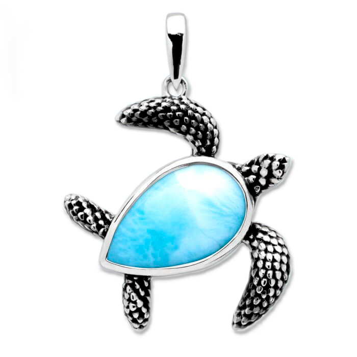 Discover Marahlago's captivating Larimar Sterling Silver Honu Turtle Pendant Necklace. Adorned with a pear-shaped silver blue gemstone
