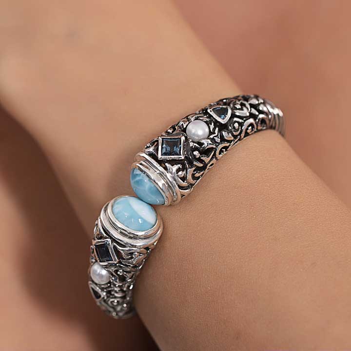 Larimar Sterling Silver Oceana Bangle Bracelet Marahlago Jewelry round Gemstone Blue Topaz Freshwater Pearl 