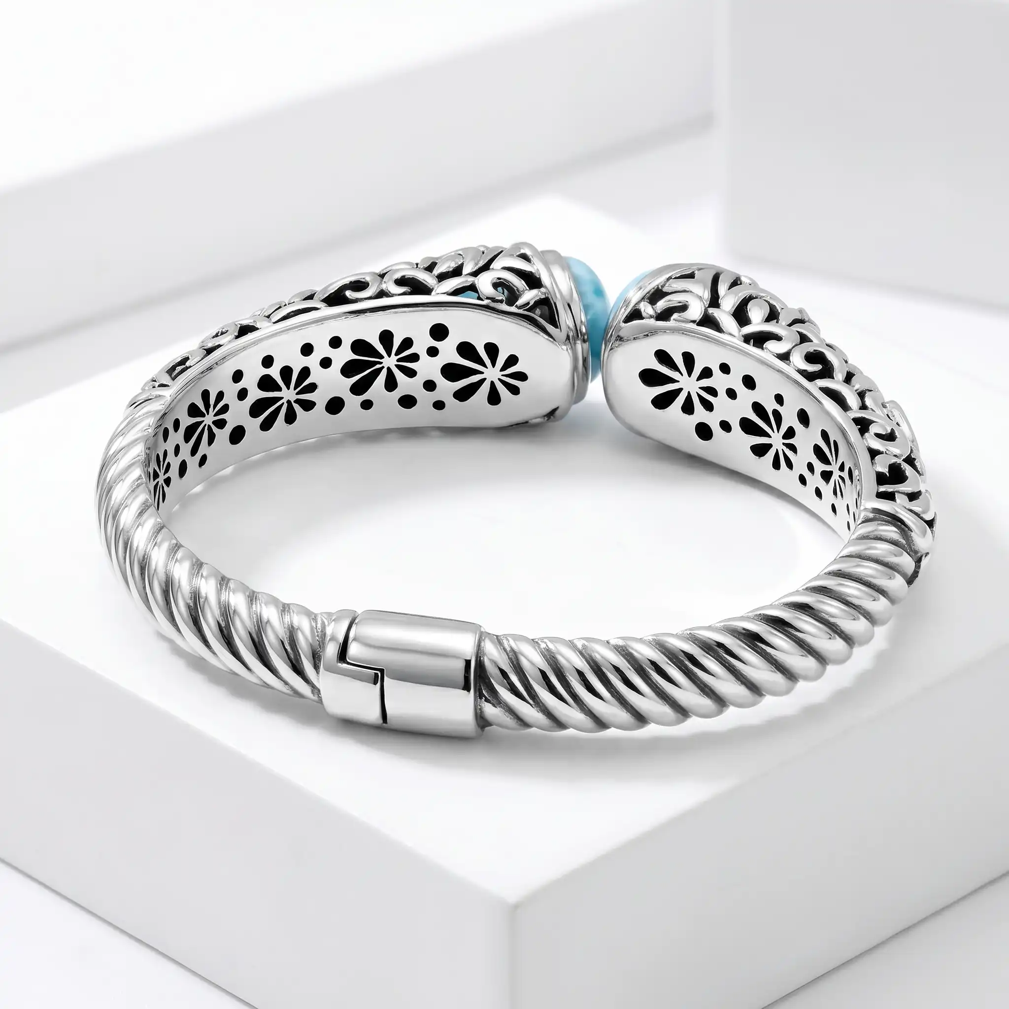 Silver Bracelet with larimar by marahlago Oceana round Gemstone Blue Topaz Freshwater Pearl 