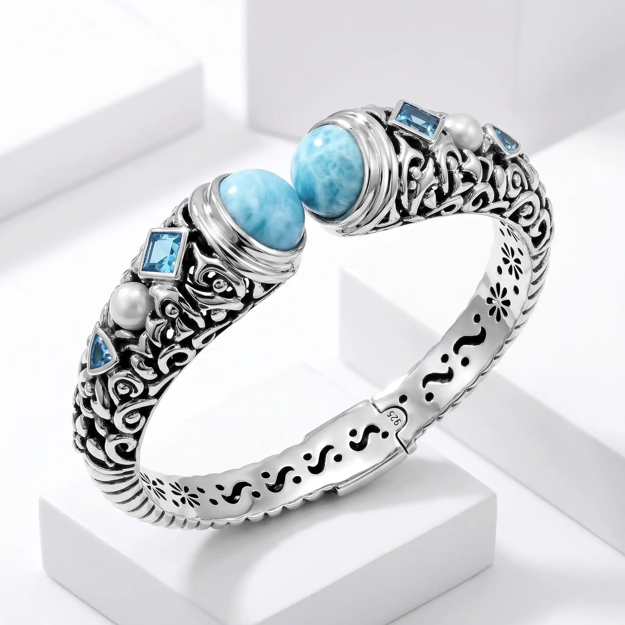 Silver Bracelet with larimar by marahlago Oceana round Gemstone Blue Topaz Freshwater Pearl 
